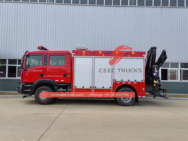 Howo fire rescue vehicle with 8 tons crane and 12m emergency lighting
