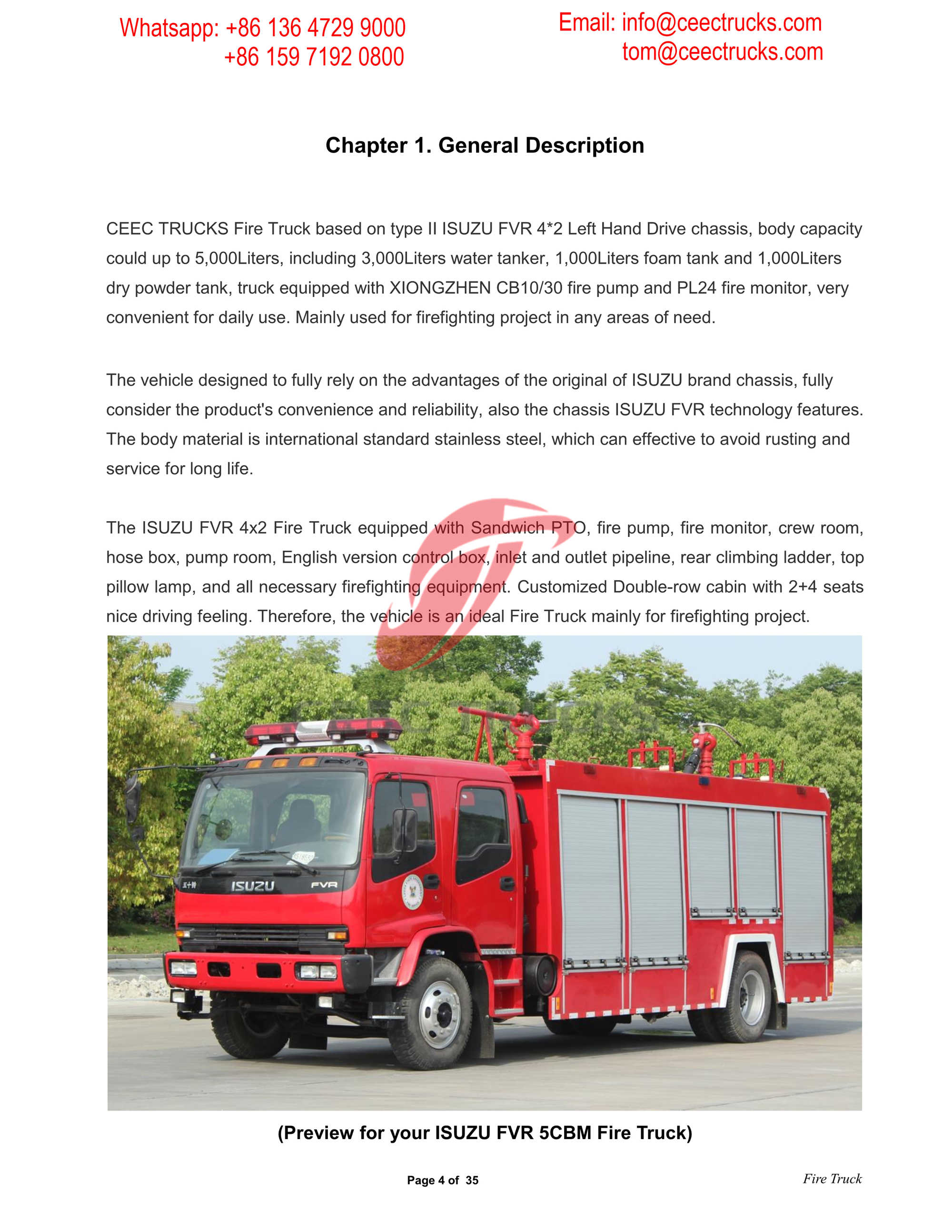 CEEC TRUCKS ISUZU FVR Water & Foam & Powder Fire Truck Manual--Ethiopia