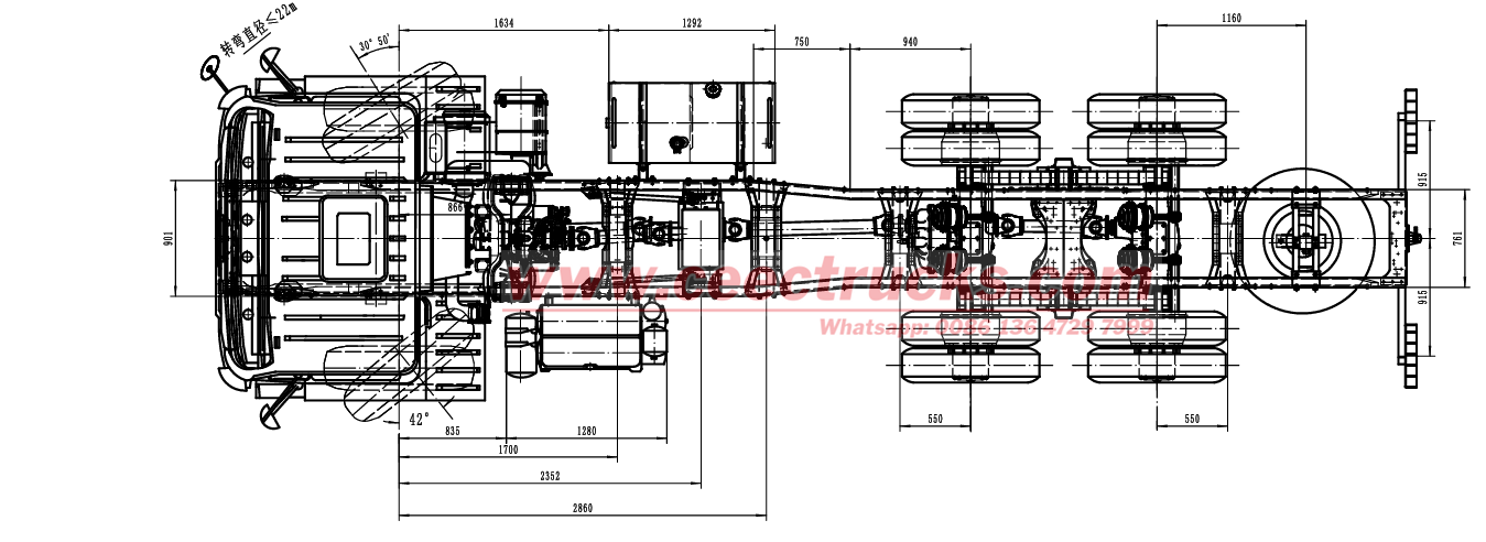 Technical drawing of Beiben All Wheel Driving 6x6 Cargo Truck Chassis