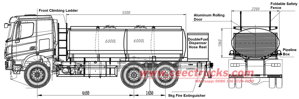 Beiben 2638 fuel tanker truck technical drawing