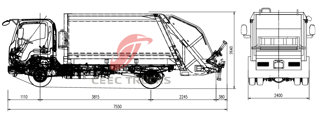technical drawing of ISUZU NPR 700P garbage compactor truck